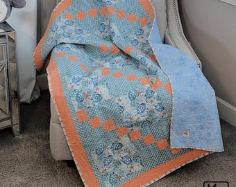 Handmade Turtles Quilt: Blue & Orange Ocean Theme Cotton Quilt Detail Turtle Stitching Teenager Gift
