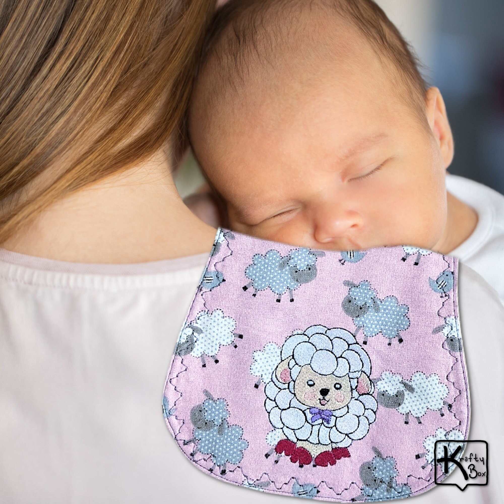 Baby Burp Cloth Soft Pink Flannel With Embroidered White Sheep Design ...