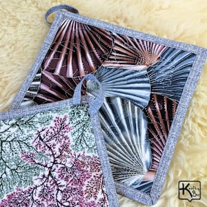 Pot Holders Set 2 Quilted Square Cotton Fabric Sea Shells Design with Silver Accents Handmade Square Potholder Pair Unique Kitchen Gift