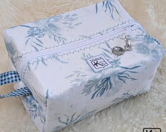 Handmade Makeup Bag Blue & White Ocean Seaweed Design Cotton Fabric Boxy Bag for Cosmetics or Toiletries Lined Inside Travel Essentials Gift