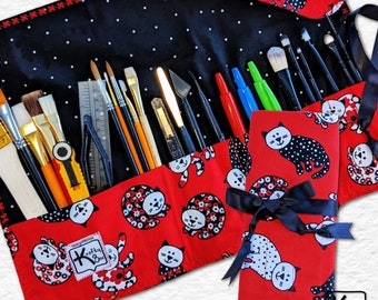 Rollup Holder Travel Case Cat Black White & Red Fabric Design Brush Roll Knitting Needle Crochet Hook Crafting Tools Bag Cute Cat Lover Gift