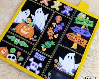 Halloween Quilted Wall Hanging Fun Ghost Candy and Pumpkin Sign Halloween Cotton Fabric Design Handmade Wall Art Decoration Unique Gift