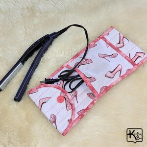 Curling Iron Flat Iron Travel Bag Heat Protective Case Fabric Pink Stiletto Shoes & Silver Sparkle Design Hair Straightener Holder Cute Gift
