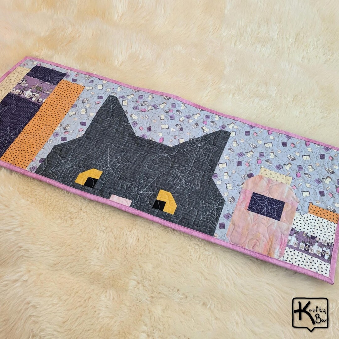 Quilted Table Runner Black Cat Peeking Through Shelf of Spooky Books ...
