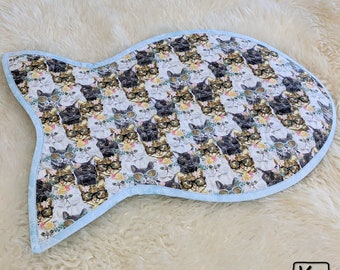 Cat Placemat Fish Shape Reversible Cute Cats Wearing Glasses & Flowers Fabric Pet Food Station Mat Great Feeding Time Unique Cat Lover Gift