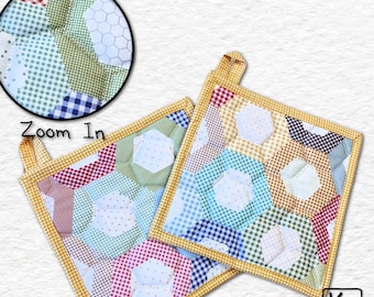 Pot Holder Set of 2 Quilted Cotton Fabric Colorful Honeycomb Design Handmade Square Potholder Pair Unique Baking or Kitchen Gift Set