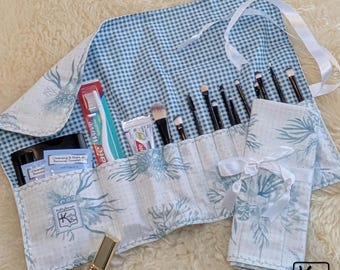 Handmade Rollup Holder Travel Case Ocean Design Blue & White Seaweed Brush Roll Crafting Tool Knitting Needles Crochet Hooks Bag Travel Gift