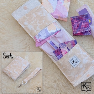 Handmade Privacy Pouch for Feminine Products & Fabric Keychain Peach Color Sea Shells Design Compact Size Period Wallet Unique Gift Set