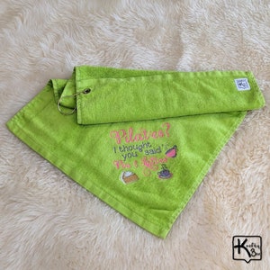 Handmade Pilates towel with funny embroidered sign Pilates I Thought You Said Pie & Lattes design and gold color corner grommet with hook. All our towels are pre-washed before embroidering the design to make sure the design doesn’t change.