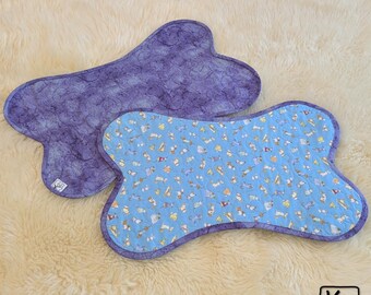 Dog Placemat Bone Shape Cute Little Dogs Design Blue & Purple Reversible Handmade Quilted Fabric Pet Food Station Mat Unique Dog Mom Gift