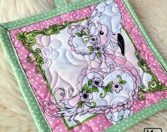 Pot Holder Handmade Square Quilted Cotton Fabric Design Pink Flamingo with Flowers Cute Potholder Unique Cooking and Baking Gift