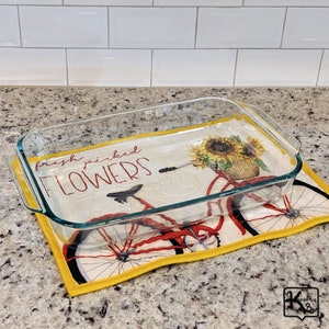 Casserole Hot Pad Red Bicycle with Cute Sunflower Basket Fabric Design Quilted Handmade Trivet Big Hot Pad Unique Home Kitchen Gift