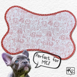 Dog Placemat Bone Shape Reversible Handmade Cute Cartoon Dog Outlines Design Quilted Fabric Pet Food Station Mat Handmade Unique Puppy Gift