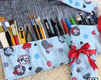 Rollup Holder Travel Organizer Woolly Sheep Fabric Design Brush Roll Knitting Needles Crochet Hooks Crafting Tools Case Artist Handmade Gift