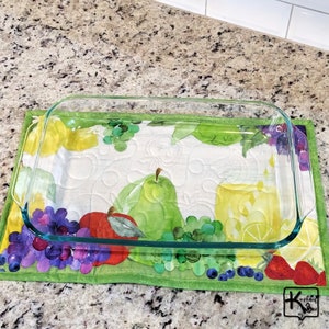 Casserole Hot Pad Colorful Fruits Apple Pear Grapes Lemons Strawberries Design Quilted Handmade Fabric Trivet Big Hot Pad Home Kitchen Gift