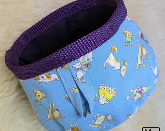 Puppy Foldable Small Bowl Waterproof Inside and Cotton Fabric Dogs in Pjs Design Outside, Food or Water Travel Bowl Handmade Dog Gift