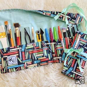 Rollup Holder Travel Organizer Art Supplies Fabric Stacks of Books Design Brush Roll Knitting Needle Crochet Hook Case Handmade Gift