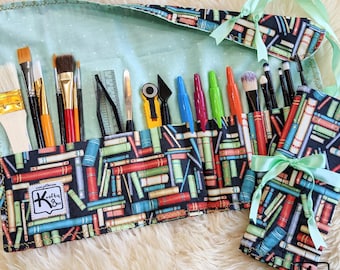 Rollup Holder Travel Organizer Art Supplies Fabric Stacks of Books Design Brush Roll Knitting Needle Crochet Hook Case Handmade Gift