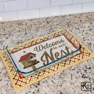Casserole Hot Pad Home Sign Welcome to Our Nest Fabric Design Quilted Handmade Cotton Fabric Trivet Big Hot Pad Unique Home Kitchen Gift