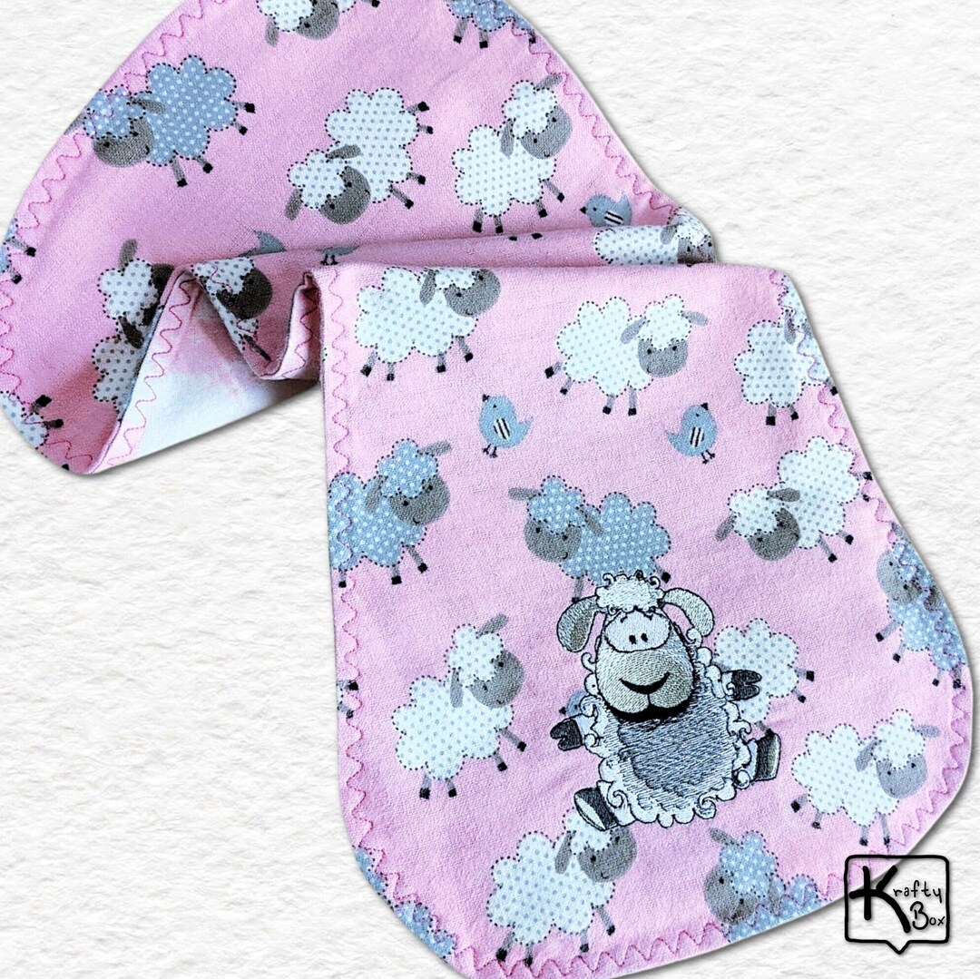 Baby Burp Cloth Soft Pink Flannel With Embroidered Gray Sheep Design