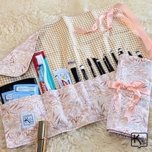Handmade Rollup Holder Travel Case Ocean Design Peach Color Seaweed Brush Roll Crafting Tool Knitting Needles Crochet Hooks Bag Unique Gift