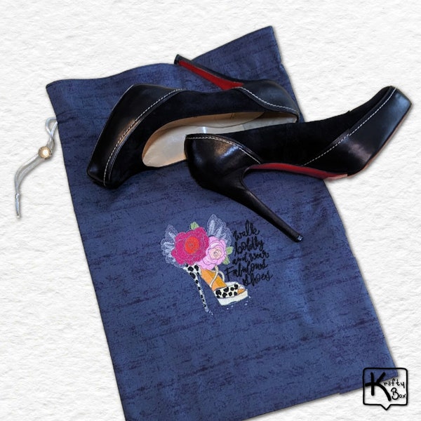 Travel Shoe Bag Flannel Lining Handmade Embroidered Stiletto Shoe & Cute Shoe Sign Dark Gray Cotton Fabric Drawstring Bag Shoe Lover Gift