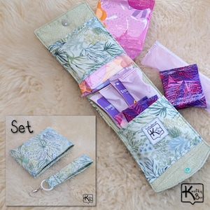 Handmade Privacy Pouch for Feminine Products & Fabric Keychain Ocean Plants Green Seaweed Design Compact Size Period Wallet Unique Gift Set