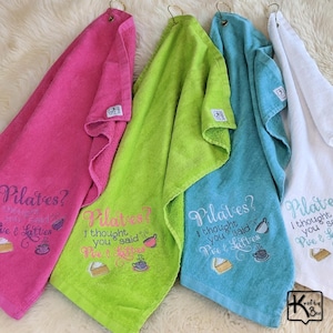 Handmade Pilates towel with funny embroidered sign Pilates I Thought You Said Pie & Lattes design and gold color corner grommet with hook. All our towels are pre-washed before embroidering the design to make sure the design doesn’t change.