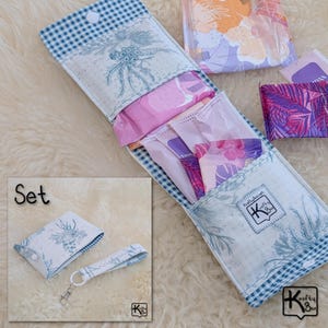 Handmade Privacy Pouch for Feminine Products & Fabric Keychain Ocean Seaweed Design Blue and White Compact Size Period Wallet Cute Gift Set