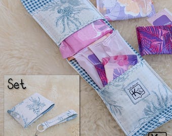 Handmade Privacy Pouch for Feminine Products & Fabric Keychain Ocean Seaweed Design Blue and White Compact Size Period Wallet Cute Gift Set