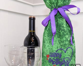 Wine Gift Bag Happy Mother's Day Green Fabric Embroidered Design Reusable Gift Bag for Wine Bottle Unique Gift for Mom