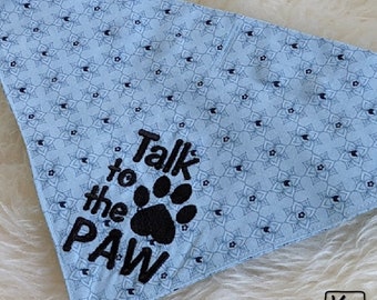 Dog Bandana Snap on Collar Cotton Fabric Embroidered Design Talk To The Paw Cute Blue Dog Scarf Unique Pet Accessory Medium Size Dog Gift