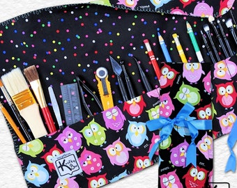 Rollup Holder Travel Organizer Art Supplies Fabric Colorful Owls Design Cute Brush Roll Knitting Needle Crochet Hook Case Craft Roll Gift