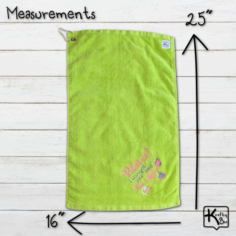 Handmade Pilates towel with funny embroidered sign Pilates I Thought You Said Pie & Lattes design and gold color corner grommet with hook. All our towels are pre-washed before embroidering the design to make sure the design doesn’t change.