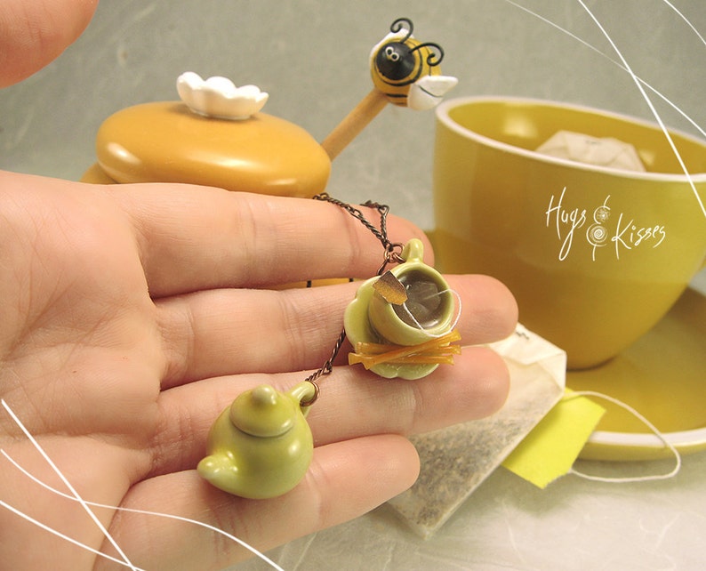 Tea Lover gift,Yellow Necklace Polymer Clay British Jewelry Mini Food Jewelry Copper Necklace Tea Necklace Honey Sticks Necklace