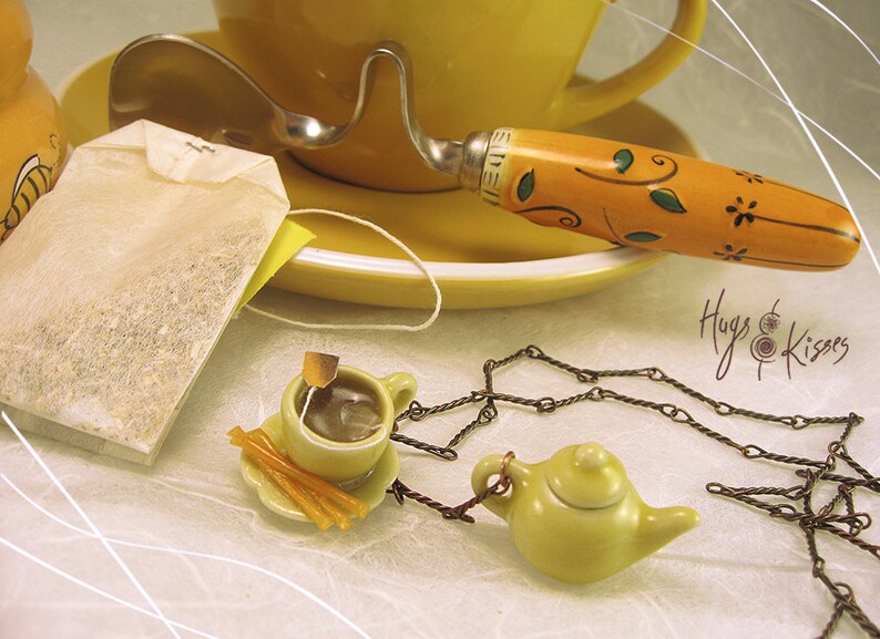 Tea Lover gift,Yellow Necklace Polymer Clay British Jewelry Mini Food Jewelry Copper Necklace Tea Necklace Honey Sticks Necklace