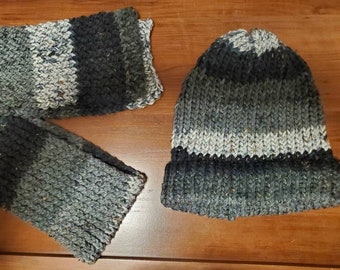 One of Kind, Hand Knit Hat & Scarf set in Black, Light and Dark Gray Stripes. Teen /Adult Size,  Extra Large Hat Size, Super Soft, Very Warm