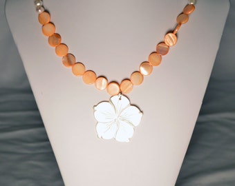 Handmade One-of-a-Kind Necklace with Freshwater Pearls, Orange Dyed Mother Of Pearl and Bamboo Coral Salmon