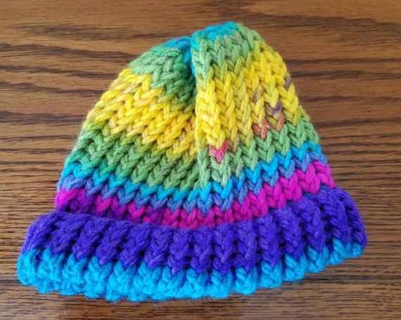 One of a Kind, Hand Knit Infant Hat in Yellow, Green, Blue 