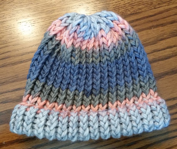 One of a Kind. Hand Knit Hat in Blues, Greens & Coral  display picture 1
