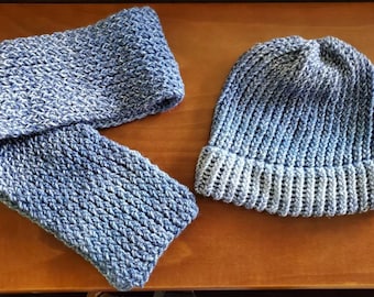 One of a Kind, Hand Knit Hat & Scarf set in Blues, Navy Blue.  Teen/Adult,  Super Soft, Very Warm