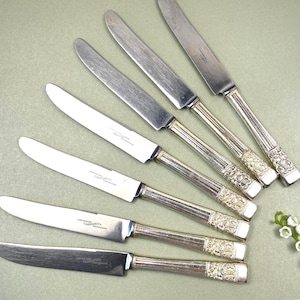 May include: Six silver knives with ornate handles are arranged on a light green surface. The blades are shiny and the handles have a ribbed design with decorative floral accents. Each knife has text on the blade.