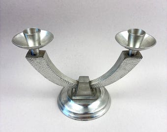 Vintage Art Deco Style Pewter Candle Holder Sculptural Modernist Decor