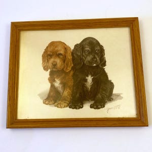 Vintage Grace Lopez Spaniel Puppies Dogs Print Framed 28x23cm