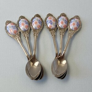 Vintage Porcelain Floral Insert Teaspoons Set of 6 Stainless Steel
