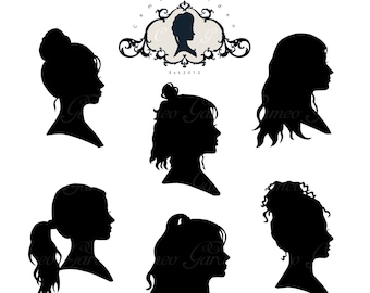 Digital Clipart - Silhouette Stylish Cameo Girls, Women - Clip art for scrapbooking, invitations, Commercial Use, Instant Download