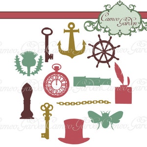 Digital Clipart - Vintage Curios - Silhouette icon clip art red blue brown gold PNG Vector EPS Personal and Commercial Use, Instant Download
