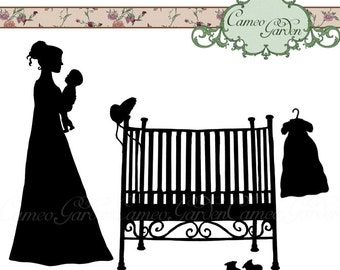 Digital Clipart - Silhouette Regency Mother and Baby - Clip art for scrapbooking, Baby Shower invitations, Personal and Small Commercial Use