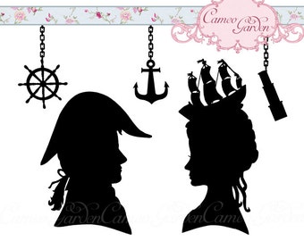 Digital Clipart - Silhouette Nautical Cameo Couple - Clip art for scrapbooking, wedding invitations, Commercial Use, Instant Download