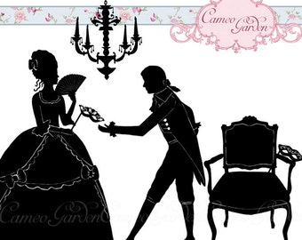 Silhouette Masked Ball Clipart - Romantic Clip art for scrapbooking, wedding invitations Instant Download Small Commercial Use